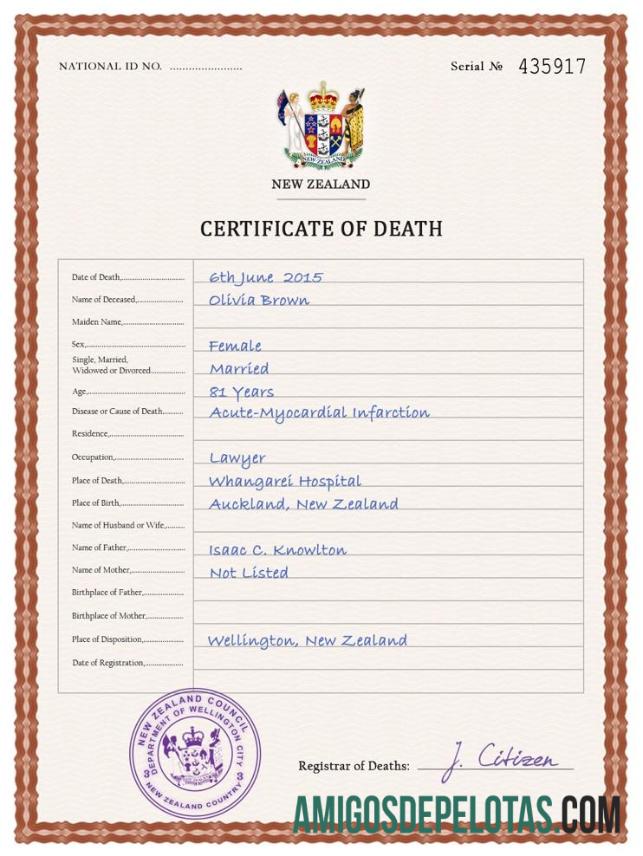 Imprimível modelo PSD de certidão de óbito de registro vital da Nova Zelândia